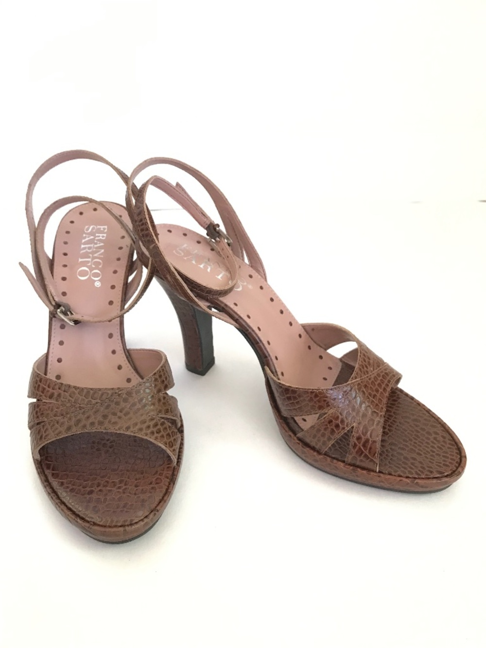 FRANCO SARTO Brown Crocodile Embossed Leather Heeled Sandals Women’s Size 7.5